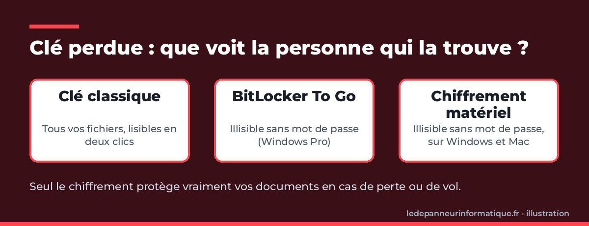 Schéma comparant ce que voit la personne qui trouve une clé USB classique, une clé chiffrée par BitLocker et une clé à chiffrement matériel