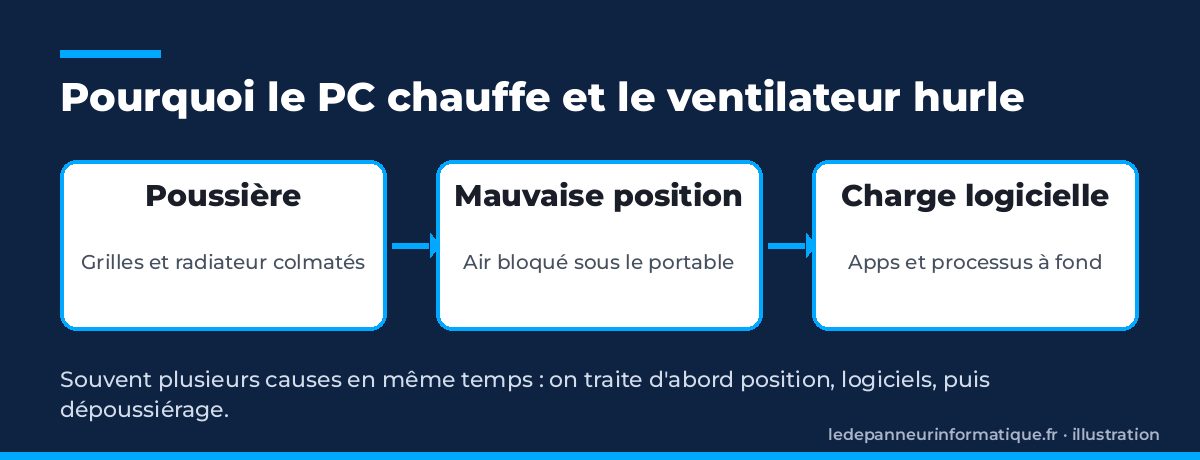 Schéma des causes fréquentes d'un PC qui chauffe : poussière, mauvaise position et charge logicielle