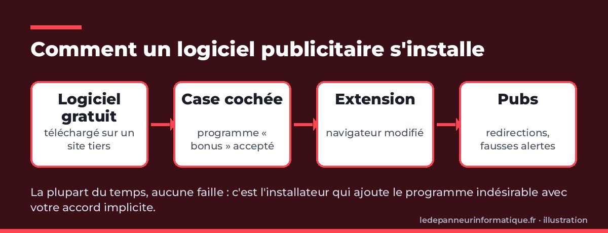 Schéma : un logiciel gratuit avec une case pré-cochée installe une extension qui provoque publicités, redirections et fausses alertes