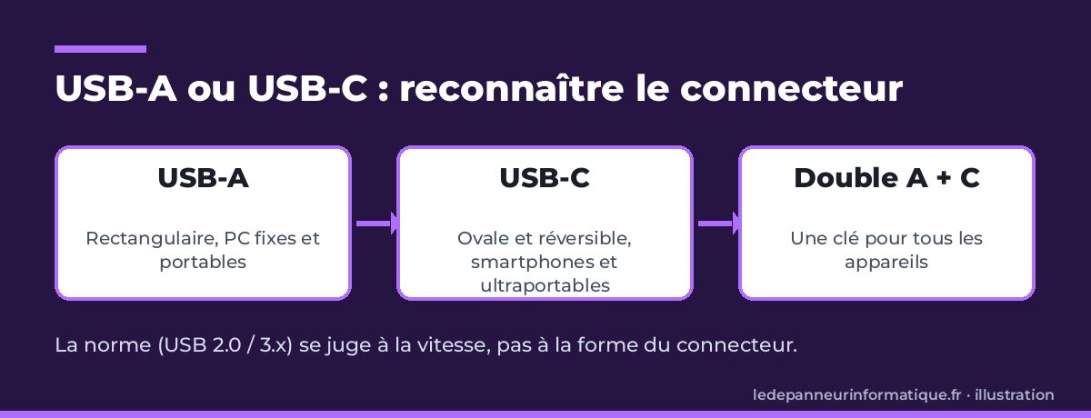 Schéma comparant les connecteurs USB-A, USB-C et les clés à double connecteur