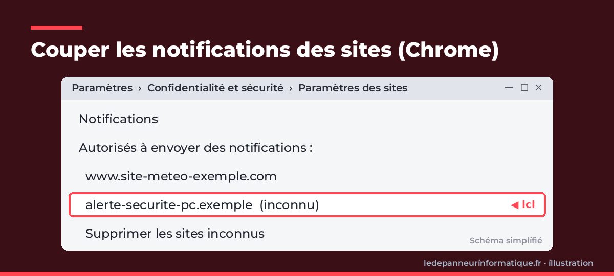 Schéma simplifié des paramètres de notifications de Chrome avec un site inconnu à supprimer