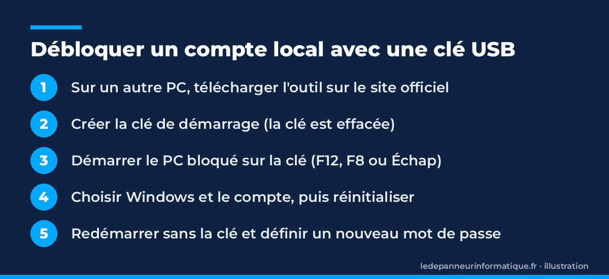 Les cinq étapes pour débloquer un compte local avec une clé USB de démarrage : télécharger, créer la clé, démarrer dessus, réinitialiser, redémarrer