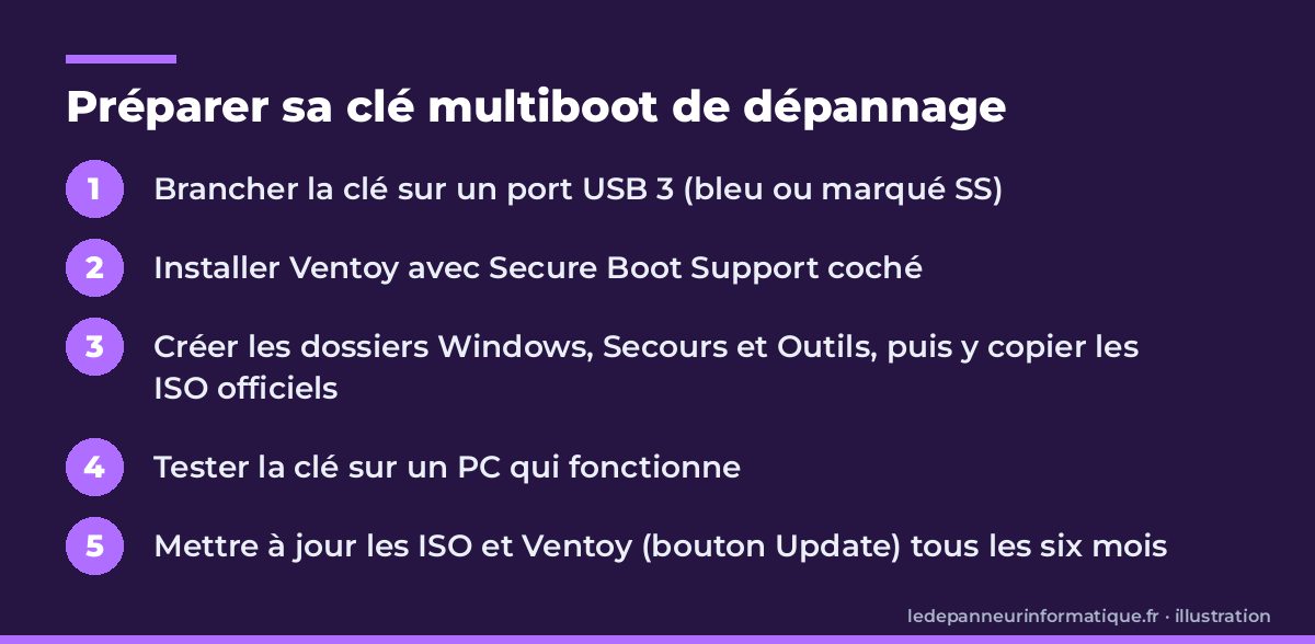 Les cinq étapes pour préparer une clé multiboot de dépannage : port USB 3, installation de Ventoy, dossiers et ISO officiels, test, mise à jour tous les six mois