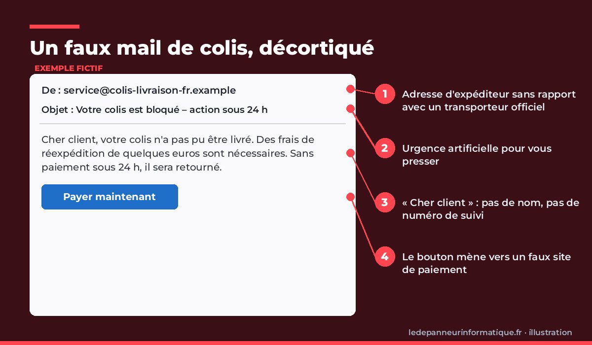 Exemple fictif de mail de phishing avec quatre signes d'alerte annotés