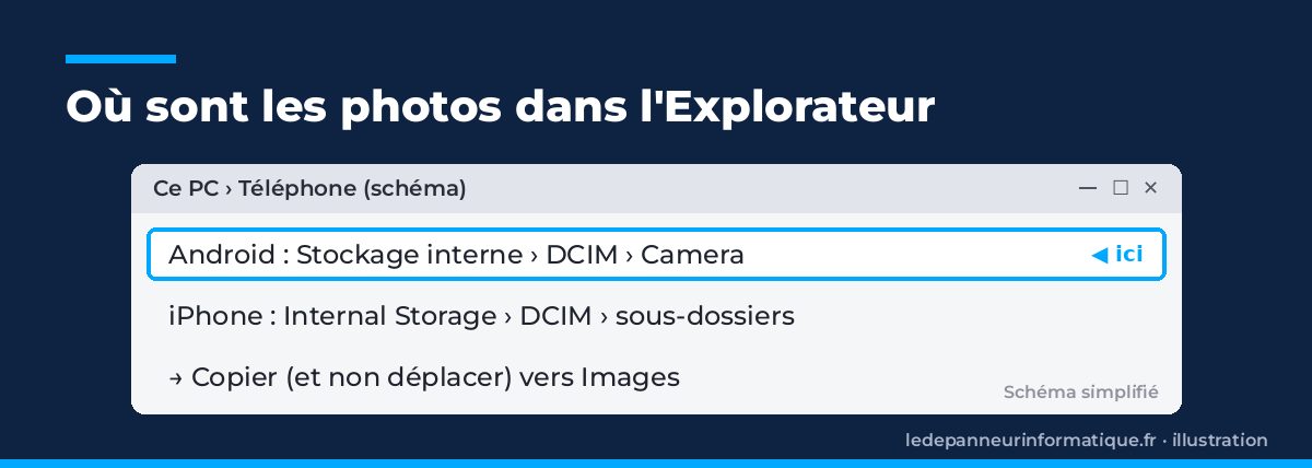Maquette simplifiée de l'Explorateur montrant le dossier DCIM du téléphone